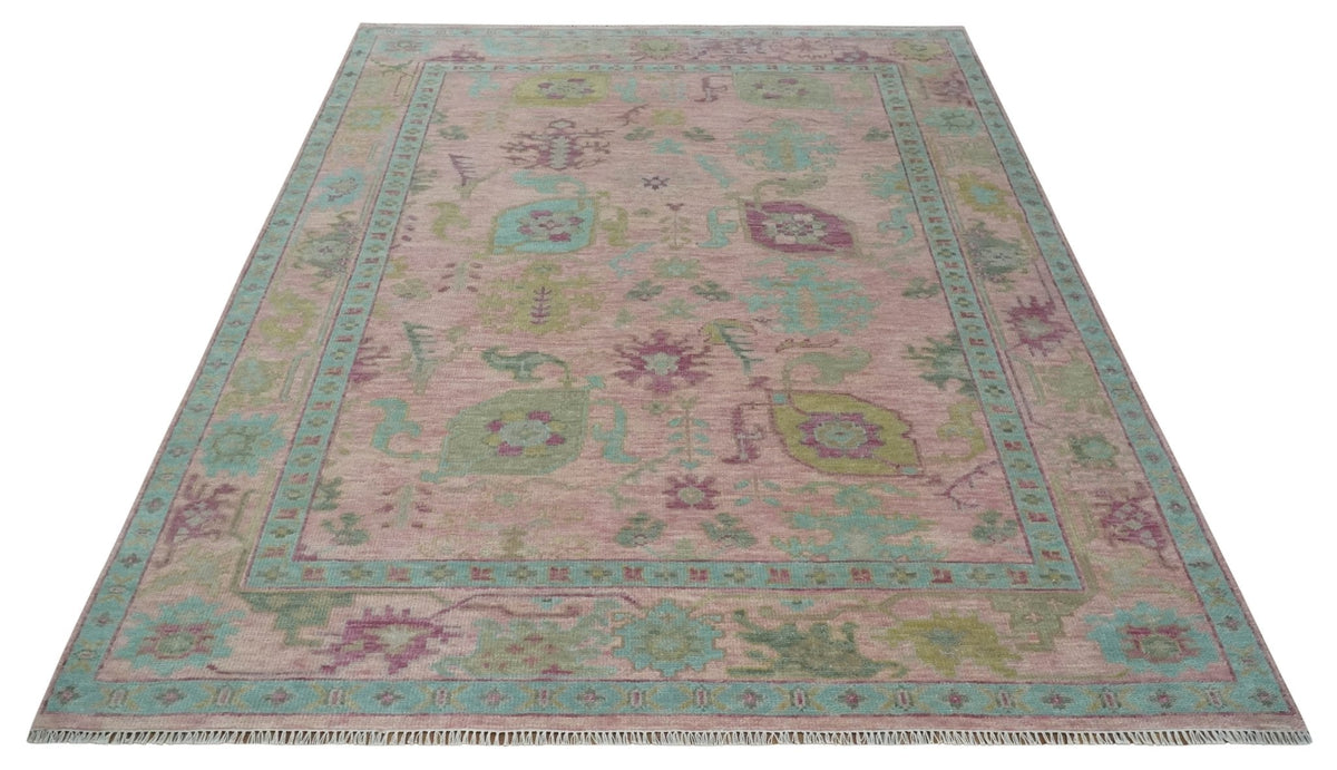 Hand Knotted Pink, Aqua and Purple Vibrant colorful Multi Size Oushak Wool Area Rug.