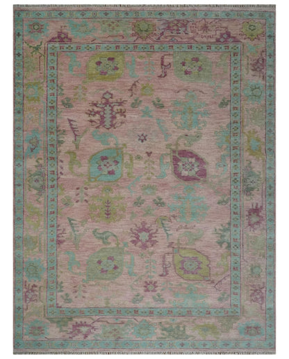 Hand Knotted Pink, Aqua and Purple Vibrant colorful Multi Size Oushak Wool Area Rug.