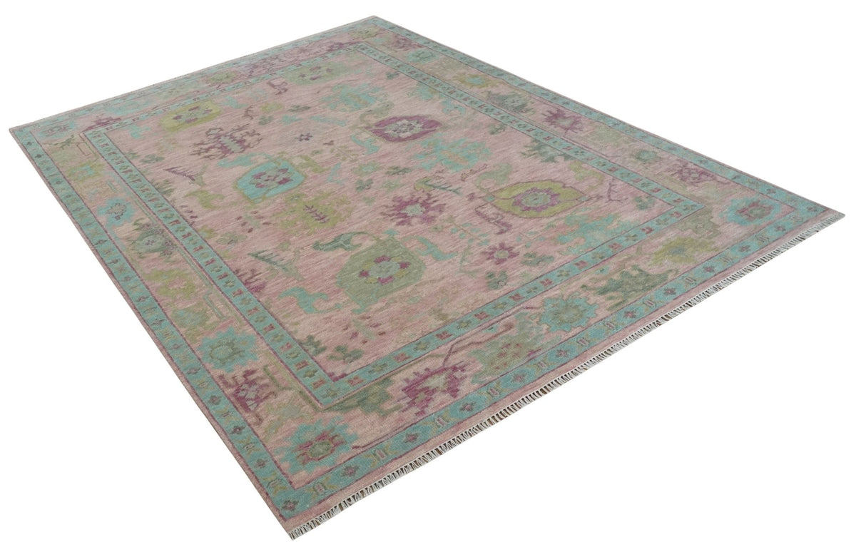 Hand Knotted Pink, Aqua and Purple Vibrant colorful Multi Size Oushak Wool Area Rug.