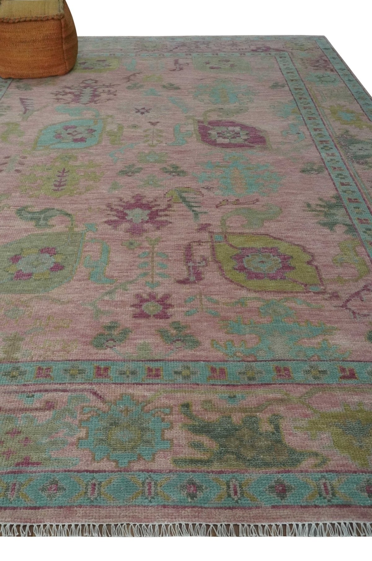 Hand Knotted Pink, Aqua and Purple Vibrant colorful Multi Size Oushak Wool Area Rug.