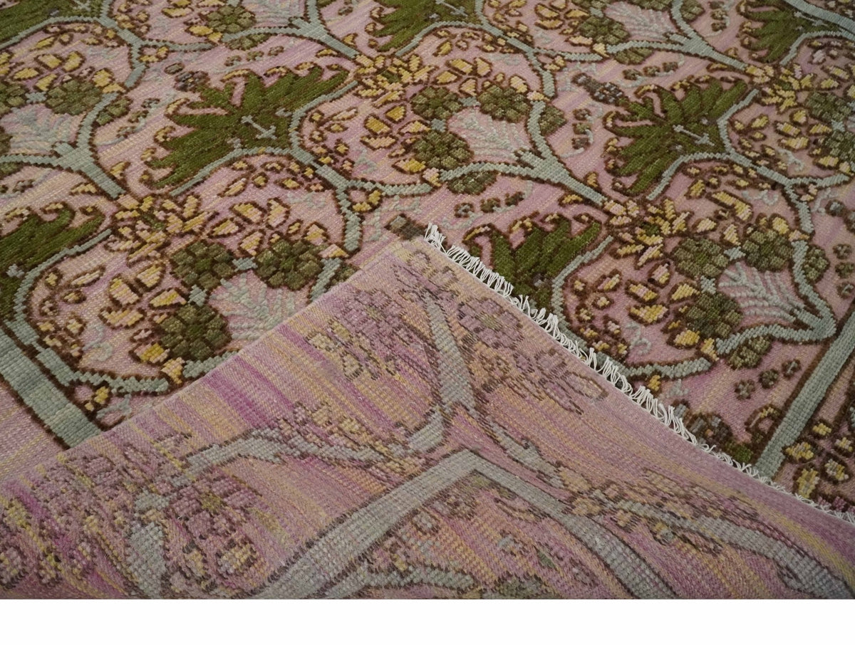 Hand Knotted Pink, Green and Beige Floral Traditional Antique Style Wool Area Rug.