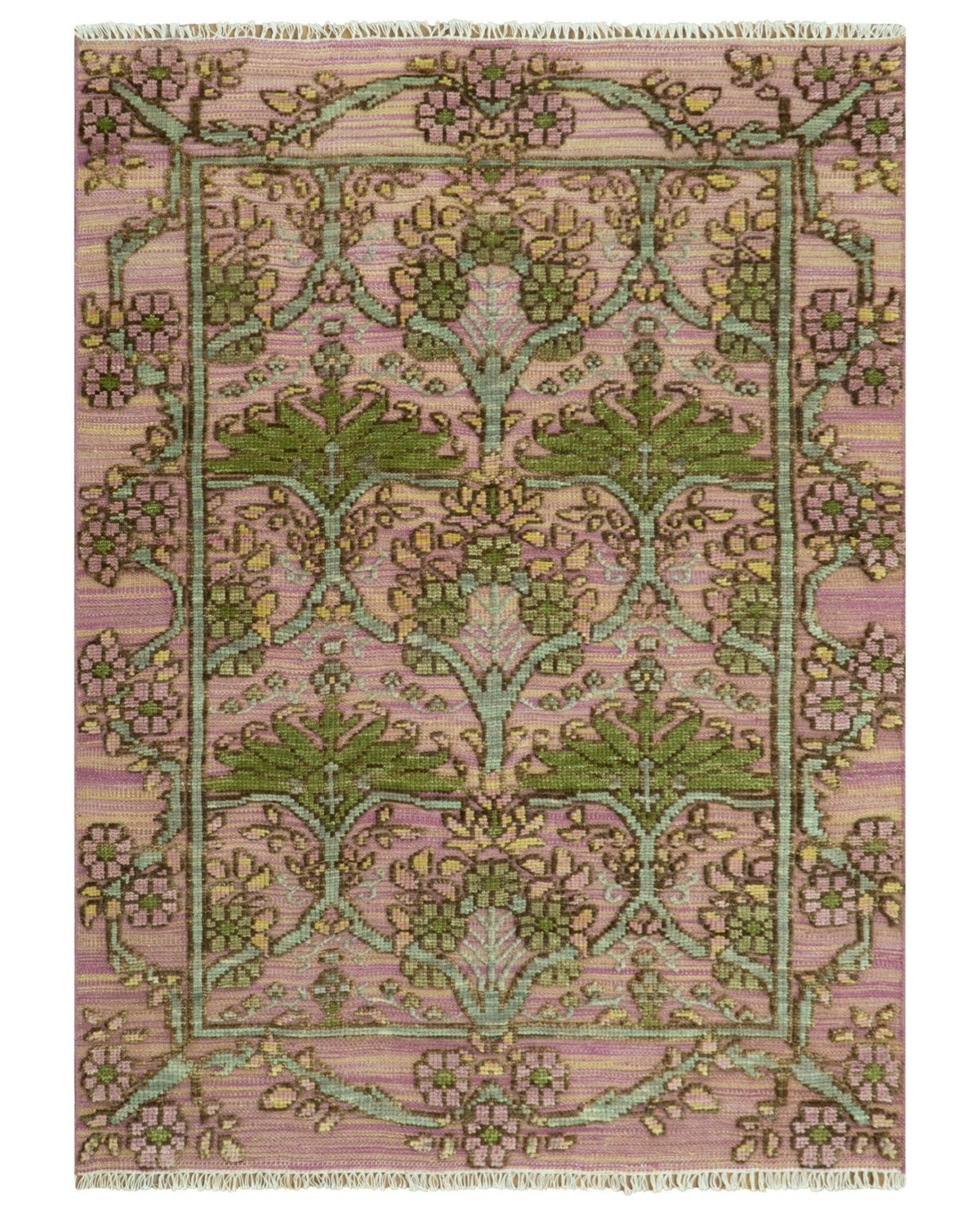 Hand Knotted Pink, Green and Beige Floral Traditional Antique Style Wool Area Rug.