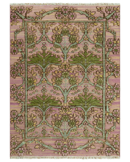 Hand Knotted Pink, Green and Beige Floral Traditional Antique Style Wool Area Rug.