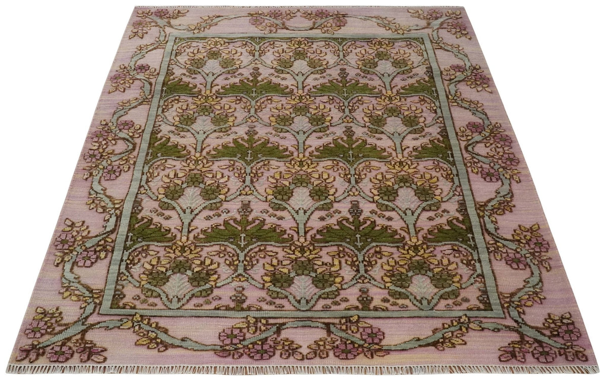 Hand Knotted Pink, Green and Beige Floral Traditional Antique Style Wool Area Rug.