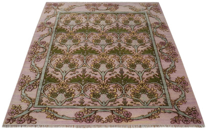 Hand Knotted Pink, Green and Beige Floral Traditional Antique Style Wool Area Rug.