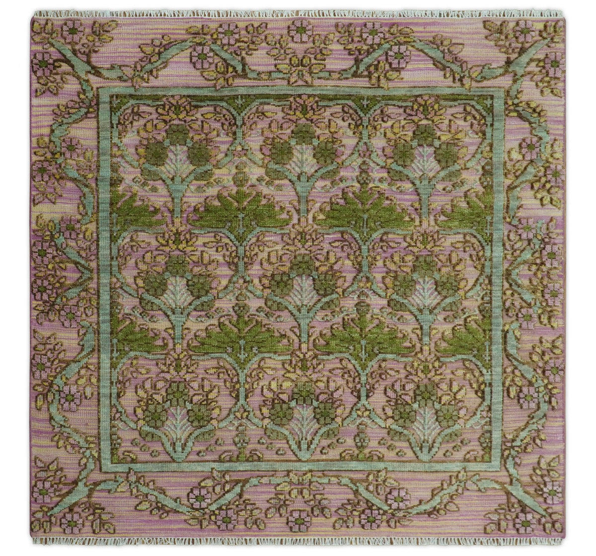 Hand Knotted Pink, Green and Beige Floral Traditional Antique Style Wool Area Rug.