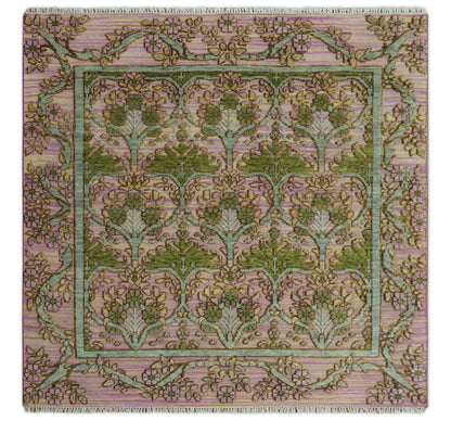 Hand Knotted Pink, Green and Beige Floral Traditional Antique Style Wool Area Rug.