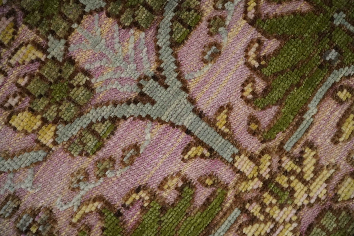 Hand Knotted Pink, Green and Beige Floral Traditional Antique Style Wool Area Rug.