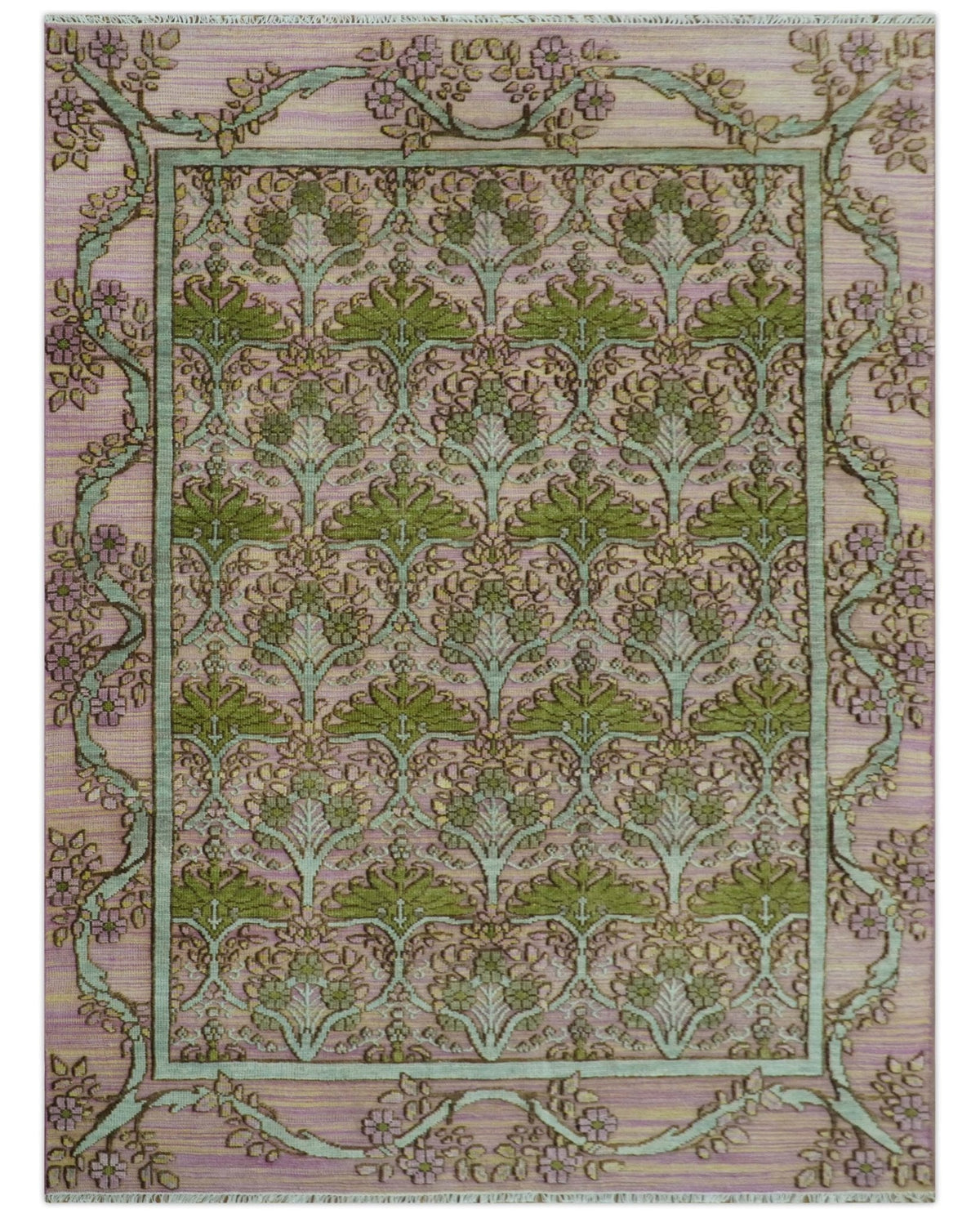 Hand Knotted Pink, Green and Beige Floral Traditional Antique Style Wool Area Rug.