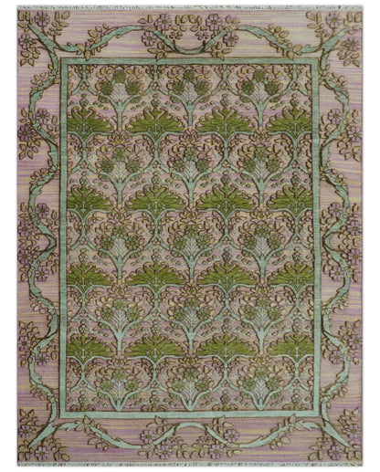 Hand Knotted Pink, Green and Beige Floral Traditional Antique Style Wool Area Rug.