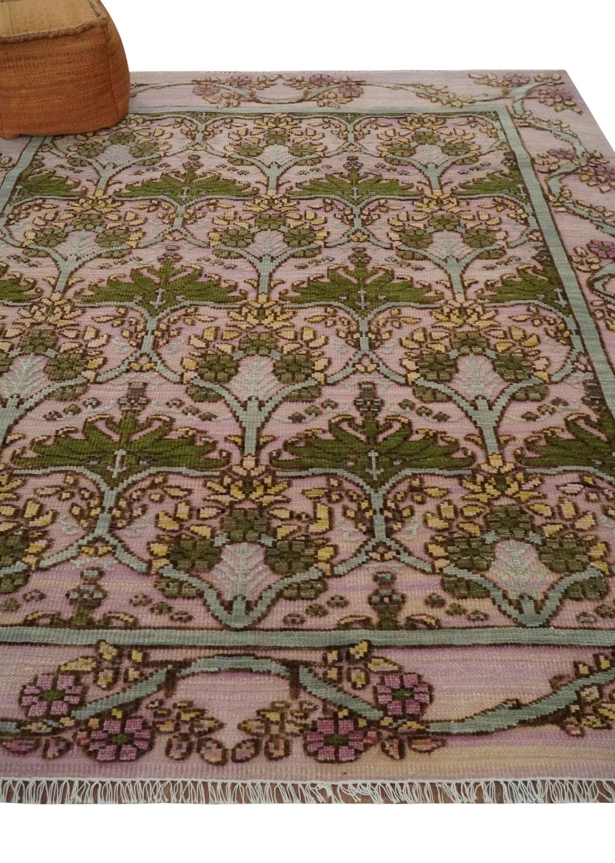 Hand Knotted Pink, Green and Beige Floral Traditional Antique Style Wool Area Rug.