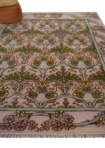 Hand Knotted Pink, Green and Beige Floral Traditional Antique Style Wool Area Rug.