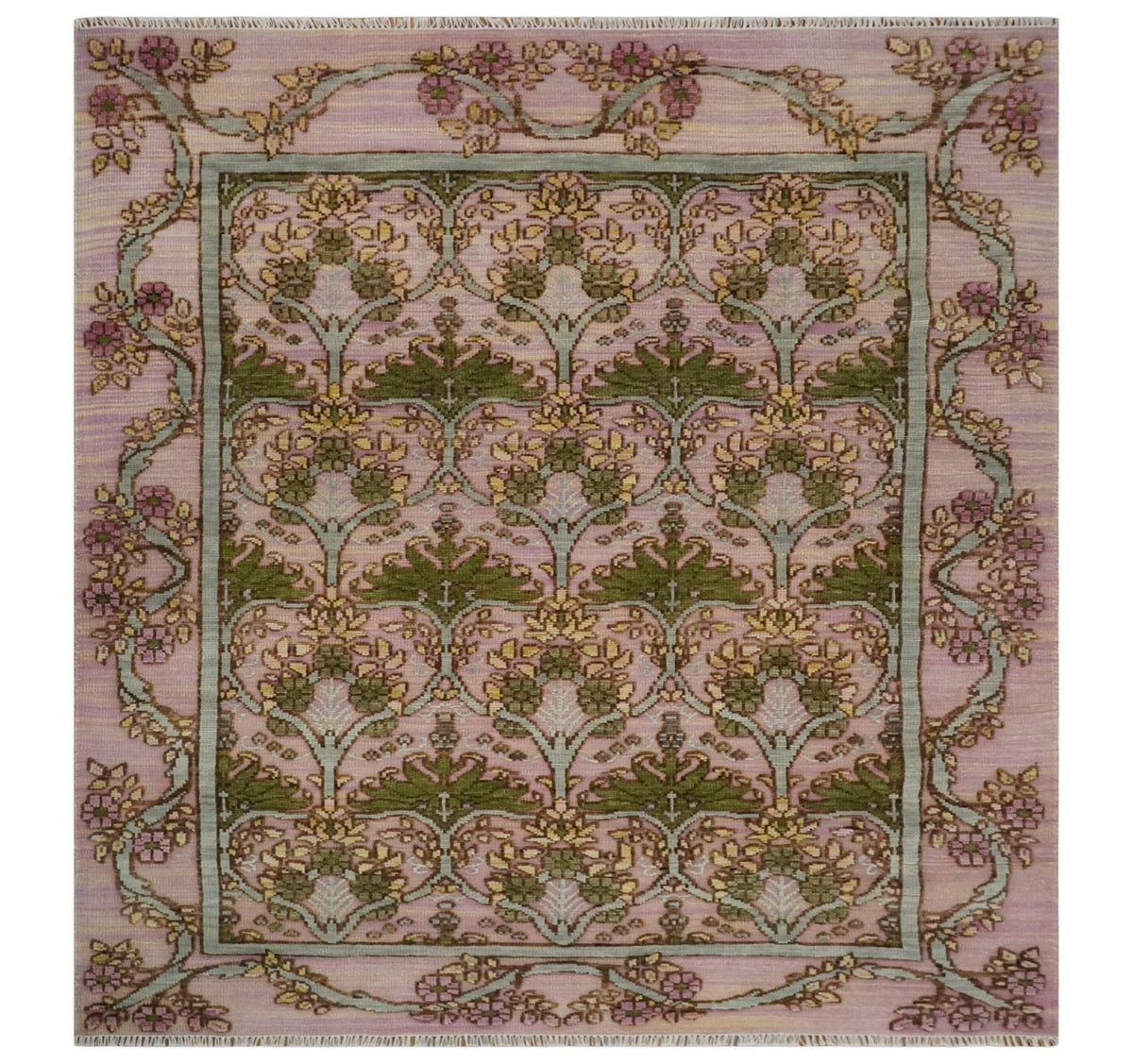 Hand Knotted Pink, Green and Beige Floral Traditional Antique Style Wool Area Rug.