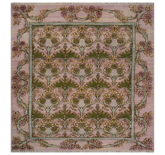 Hand Knotted Pink, Green and Beige Floral Traditional Antique Style Wool Area Rug.