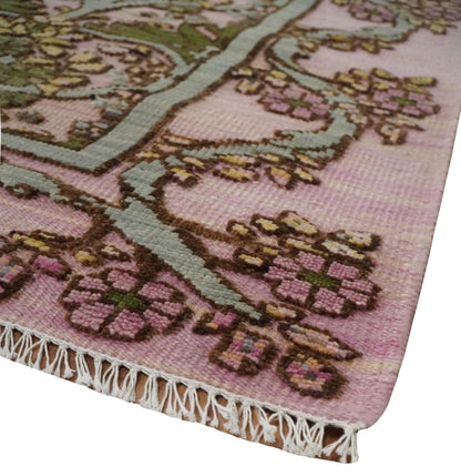 Hand Knotted Pink, Green and Beige Floral Traditional Antique Style Wool Area Rug.
