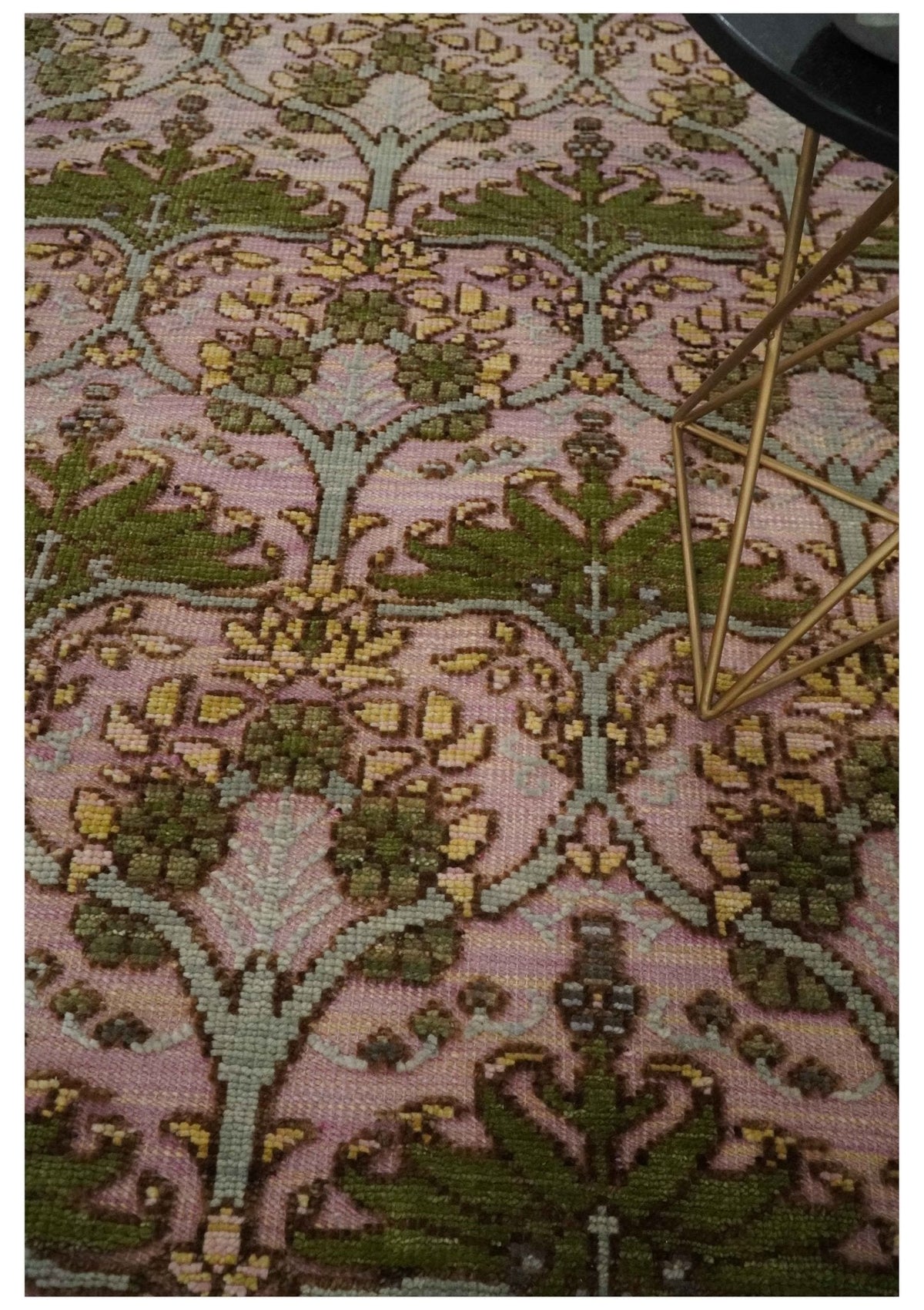 Hand Knotted Pink, Green and Beige Floral Traditional Antique Style Wool Area Rug.