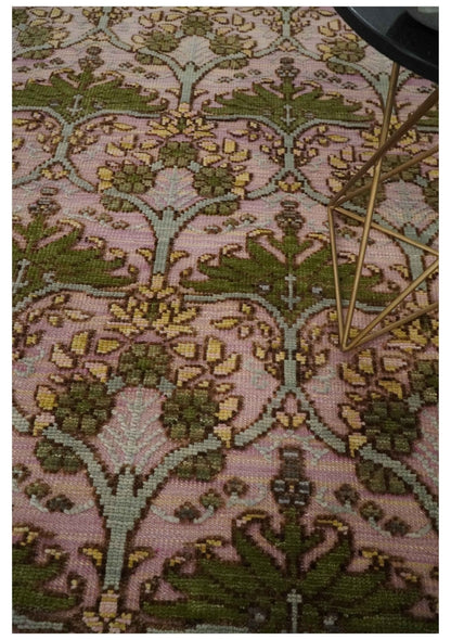 Hand Knotted Pink, Green and Beige Floral Traditional Antique Style Wool Area Rug.