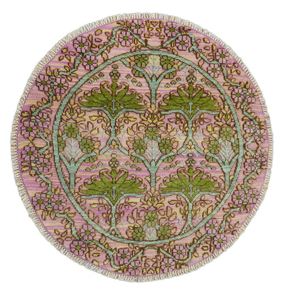 Hand Knotted Pink, Green and Beige Floral Traditional Antique Style Wool Area Rug.