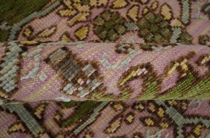 Hand Knotted Pink, Green and Beige Floral Traditional Antique Style Wool Area Rug.