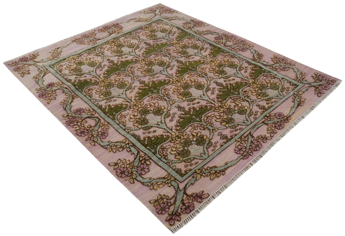 Hand Knotted Pink, Green and Beige Floral Traditional Antique Style Wool Area Rug.