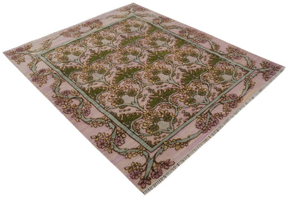 Hand Knotted Pink, Green and Beige Floral Traditional Antique Style Wool Area Rug.