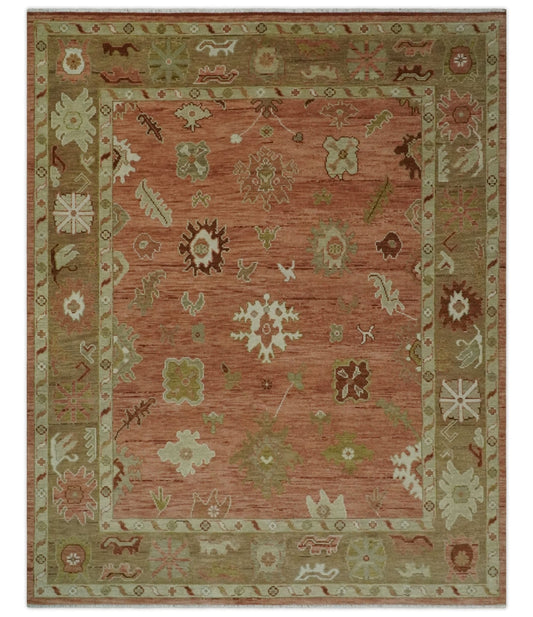Hand Knotted Rust, Olive and Ivory Traditional Oushak Vintage Style Wool Rug.