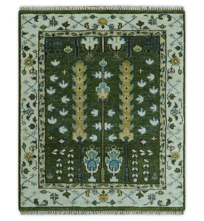 Hand Knotted Royal Green and Ivory Traditional Turkish Style Tree Of Life Multi Size Wool Area Rug.
