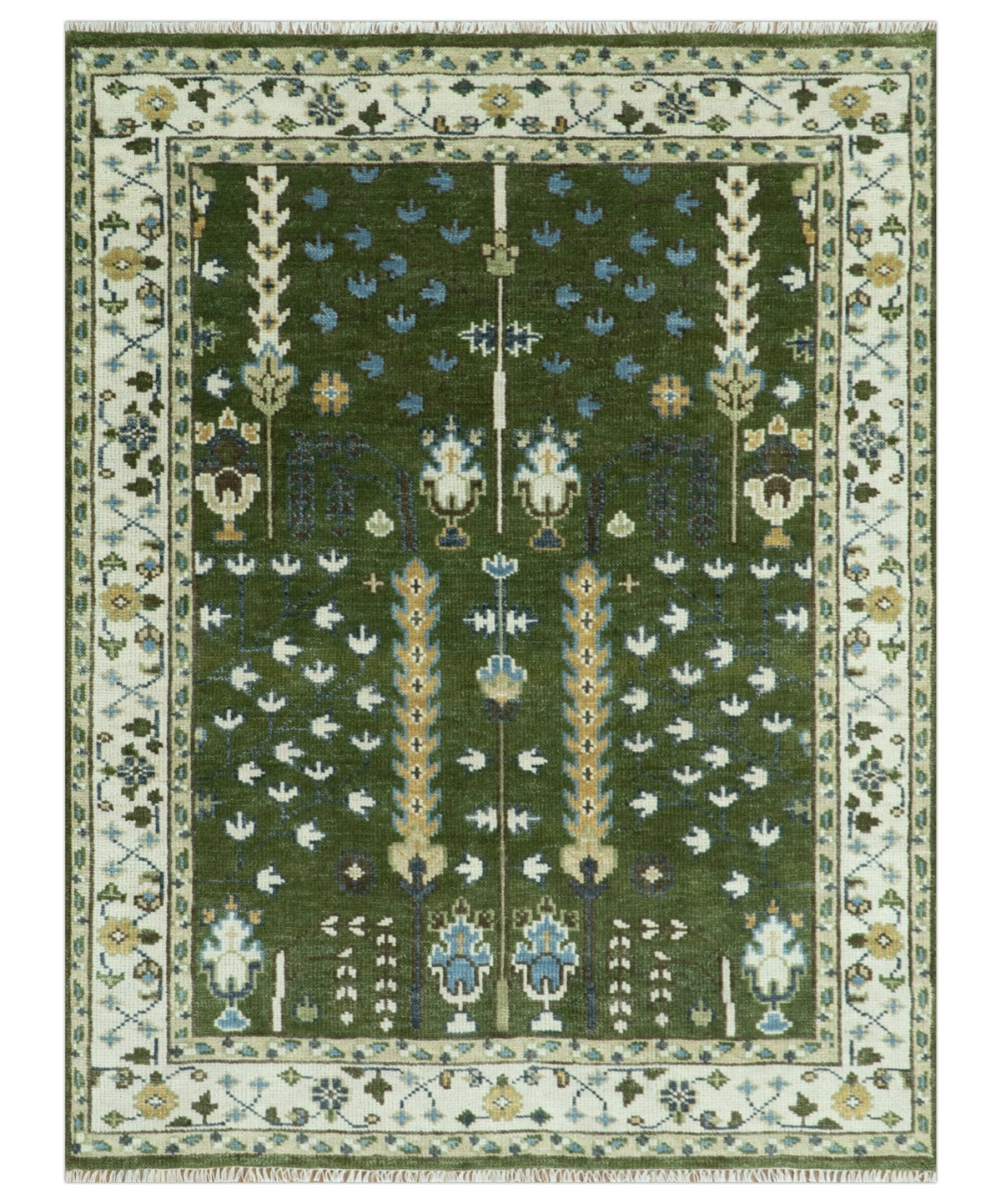 Hand Knotted Royal Green and Ivory Traditional Turkish Style Tree Of Life Multi Size Wool Area Rug.