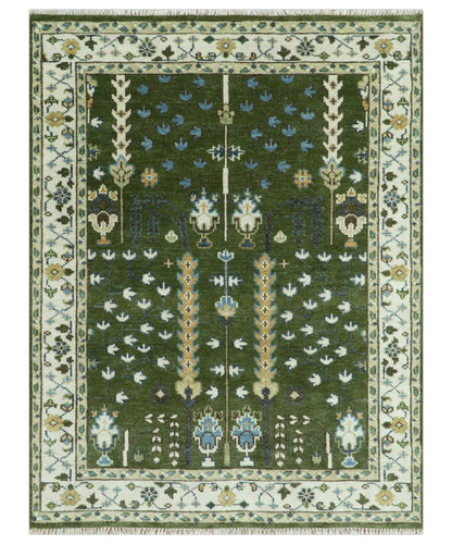Hand Knotted Royal Green and Ivory Traditional Turkish Style Tree Of Life Multi Size Wool Area Rug.