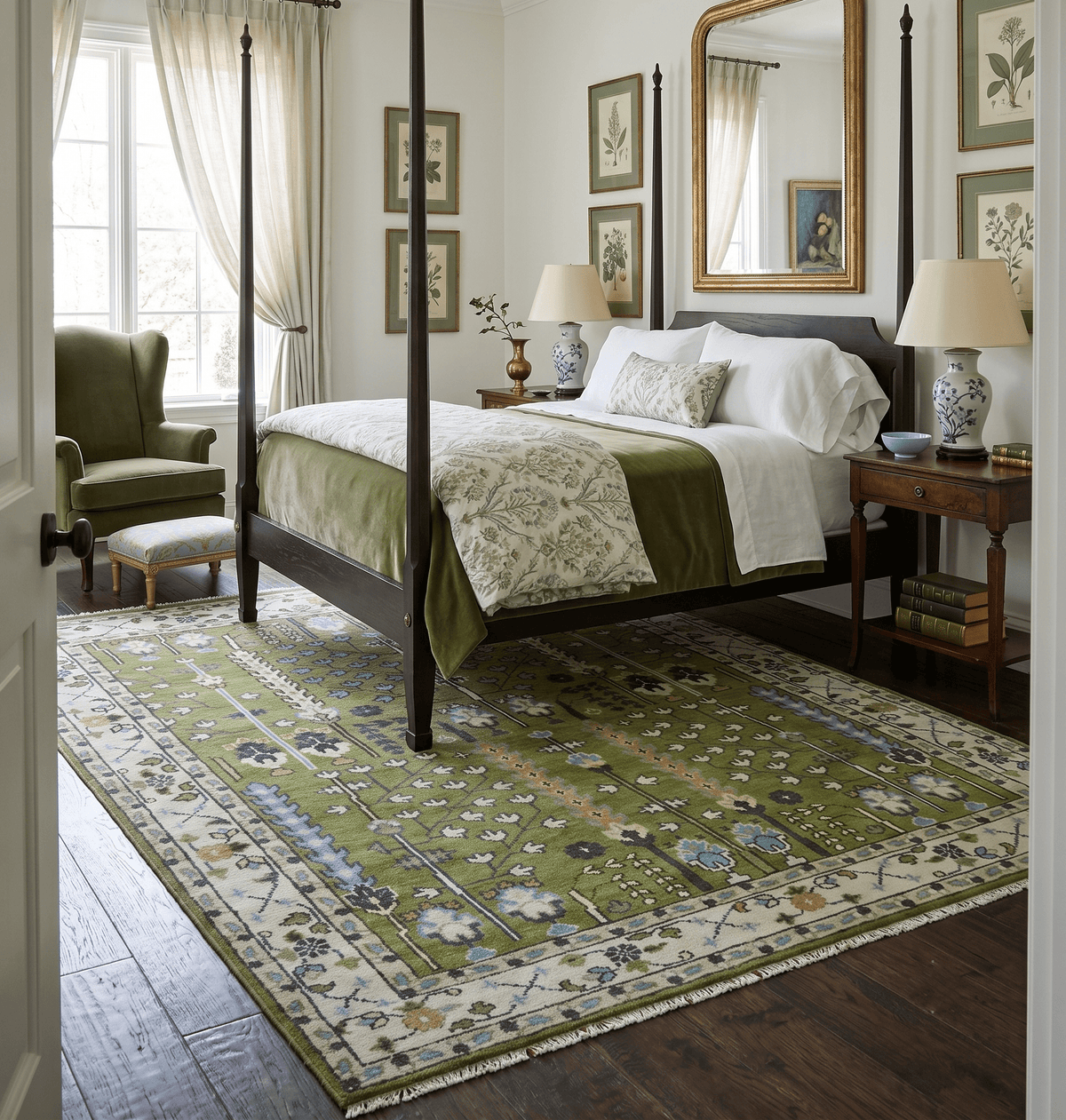 Hand Knotted Royal Green and Ivory Traditional Turkish Style Tree Of Life Multi Size Wool Area Rug.