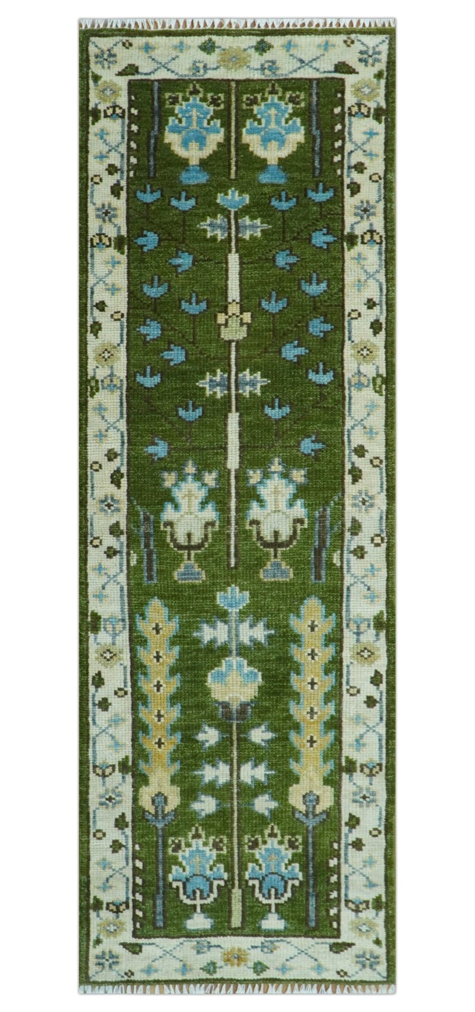 Hand Knotted Royal Green and Ivory Traditional Turkish Style Tree Of Life Multi Size Wool Area Rug.