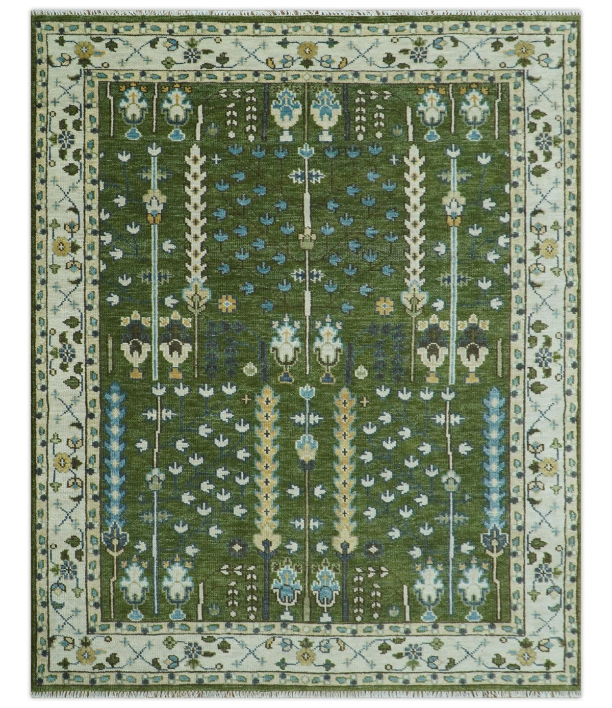 Hand Knotted Royal Green and Ivory Traditional Turkish Style Tree Of Life Multi Size Wool Area Rug.