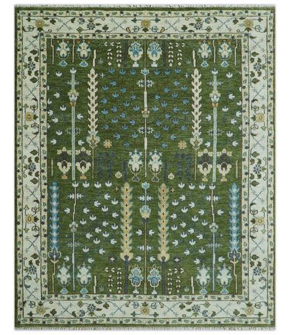 Hand Knotted Royal Green and Ivory Traditional Turkish Style Tree Of Life Multi Size Wool Area Rug.