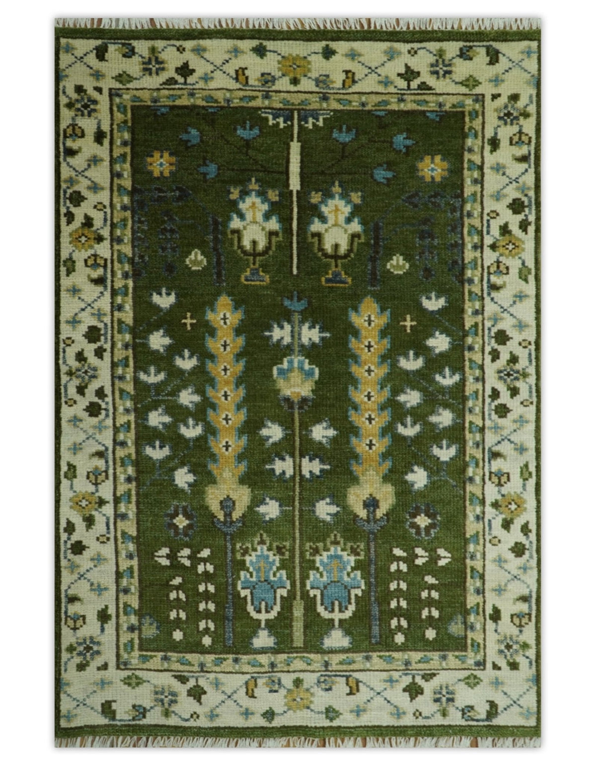 Hand Knotted Royal Green and Ivory Traditional Turkish Style Tree Of Life Multi Size Wool Area Rug.