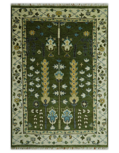 Hand Knotted Royal Green and Ivory Traditional Turkish Style Tree Of Life Multi Size Wool Area Rug.