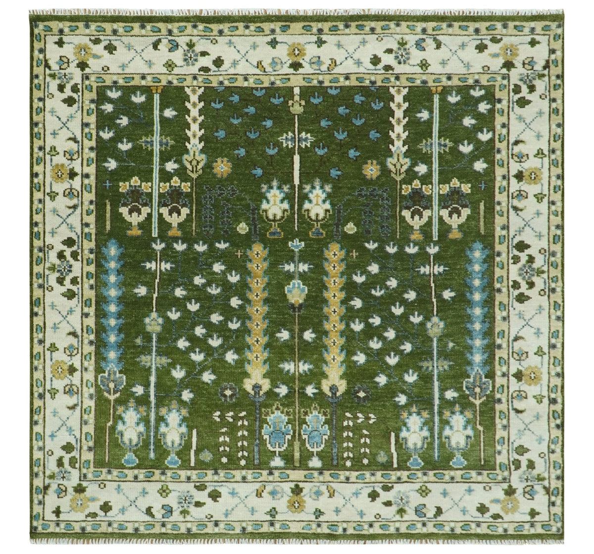 Hand Knotted Royal Green and Ivory Traditional Turkish Style Tree Of Life Multi Size Wool Area Rug.