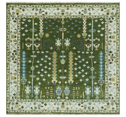 Hand Knotted Royal Green and Ivory Traditional Turkish Style Tree Of Life Multi Size Wool Area Rug.