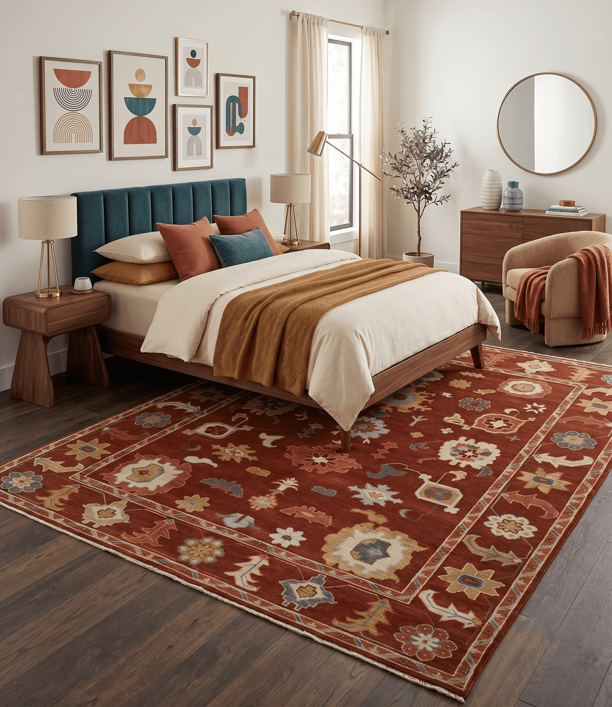 Hand Knotted Rust and Beige Traditional Oushak Wool Area Rug.