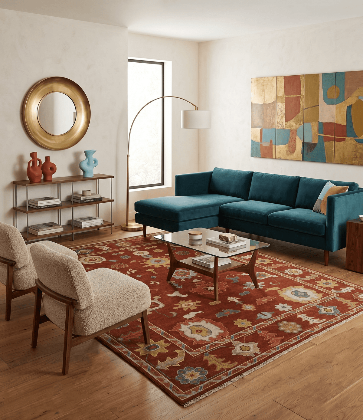 Hand Knotted Rust and Beige Traditional Oushak Wool Area Rug.