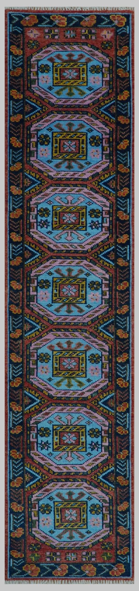 Hand Knotted Maroon and Blue Traditional Antique look Multi Size Wool Area Rug.