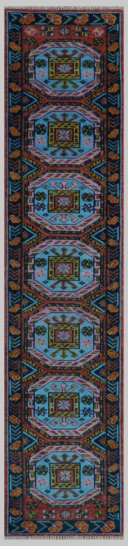 Hand Knotted Maroon and Blue Traditional Antique look Multi Size Wool Area Rug.
