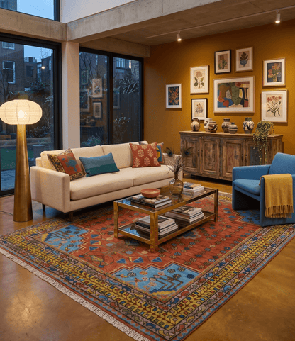Hand Knotted Rust and Blue Traditional Floral Multi Size Wool Area Rug.