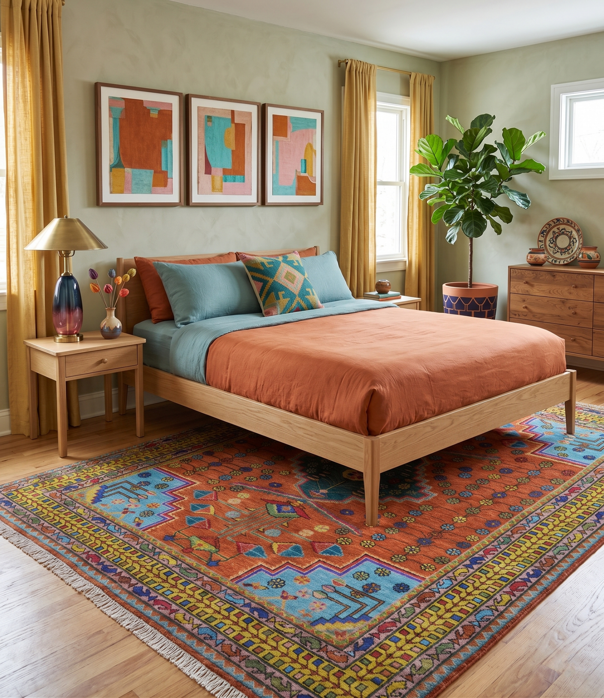 Hand Knotted Rust and Blue Traditional Floral Multi Size Wool Area Rug.