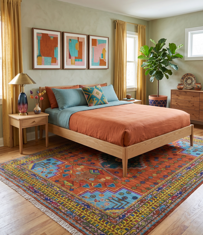 Hand Knotted Rust and Blue Traditional Floral Multi Size Wool Area Rug.