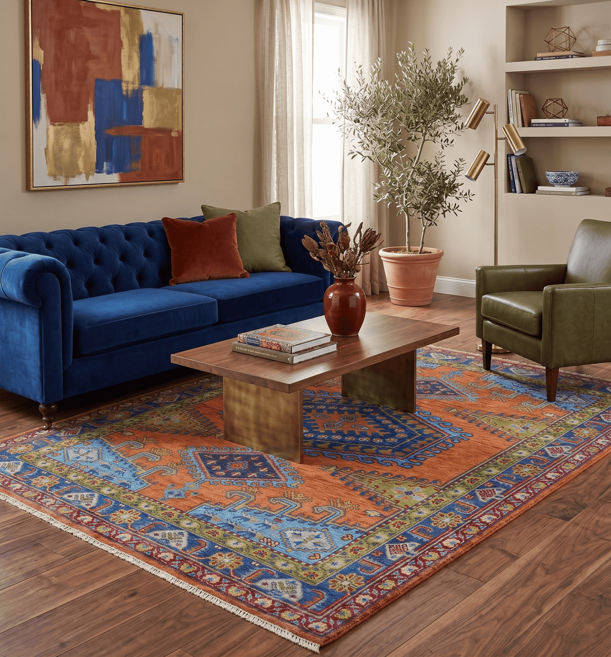 Hand Knotted Rust And Blue Traditional Multi Size Antique Wool Area Rug.