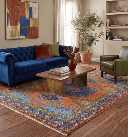 Hand Knotted Rust And Blue Traditional Multi Size Antique Wool Area Rug.