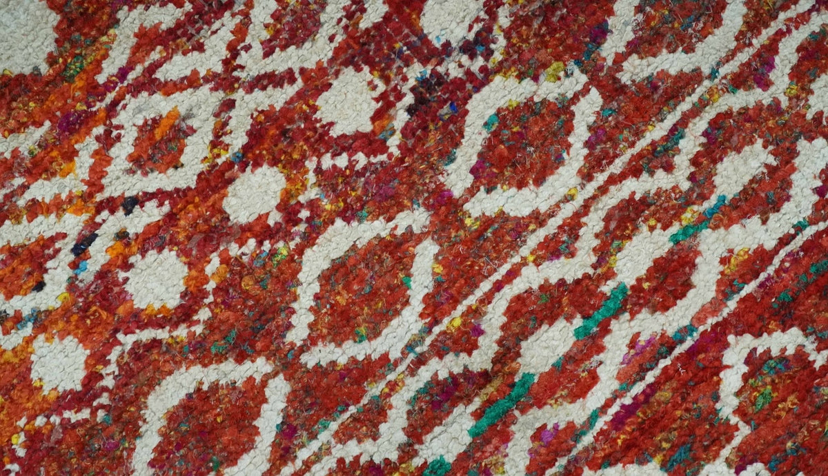 Hand Knotted Rust and Ivory Contemporary Southwestern Tribal Trellis Recycled Silk Rug.