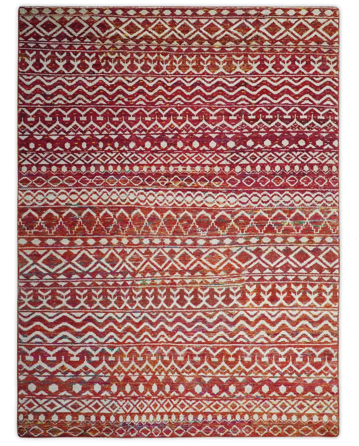 Hand Knotted Rust and Ivory Contemporary Southwestern Tribal Trellis Recycled Silk Rug.