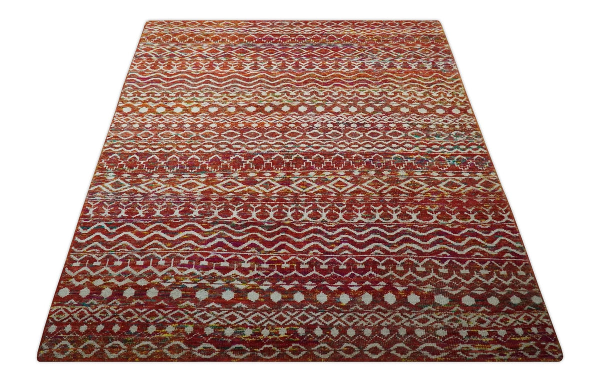 Hand Knotted Rust and Ivory Contemporary Southwestern Tribal Trellis Recycled Silk Rug.