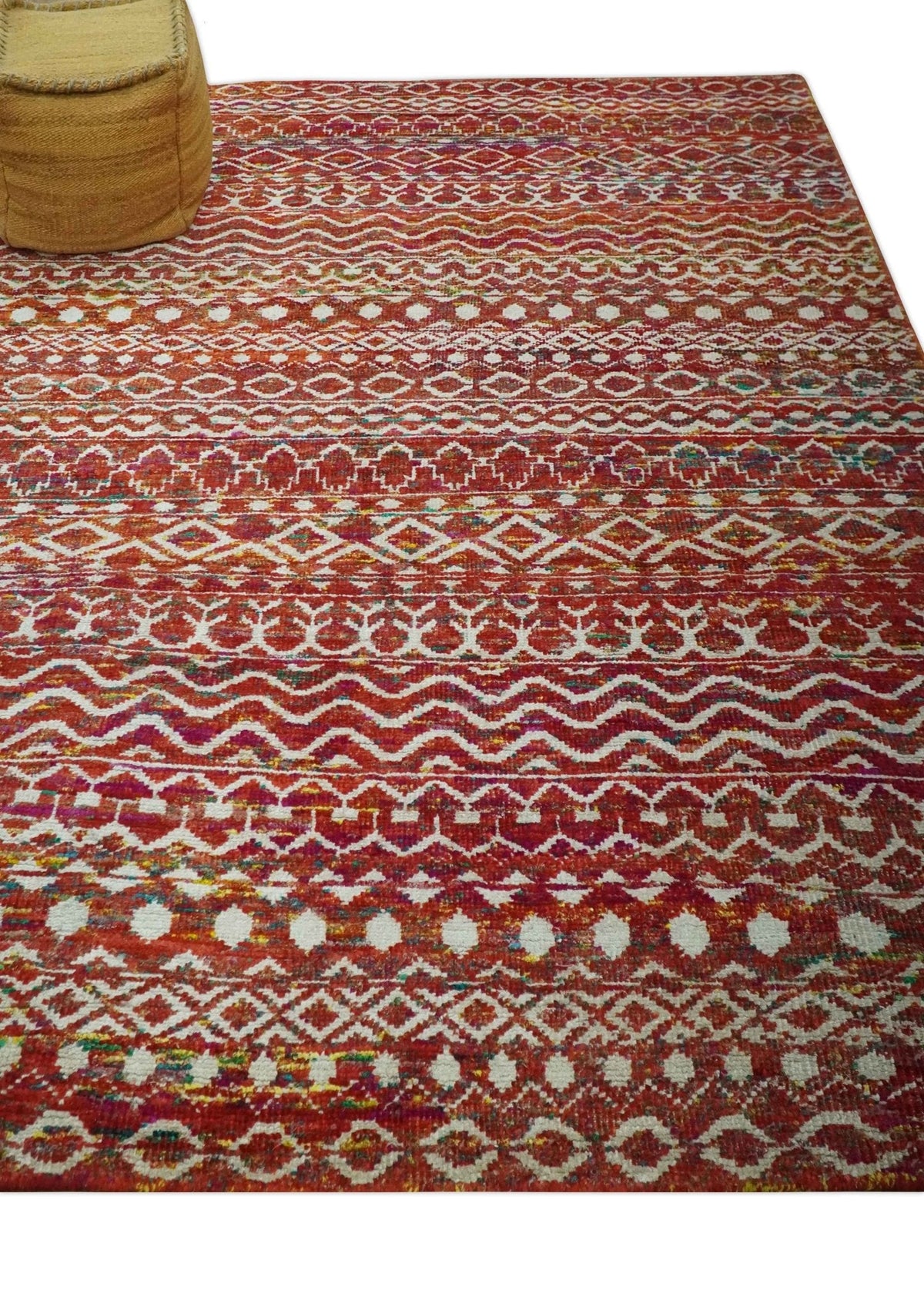 Hand Knotted Rust and Ivory Contemporary Southwestern Tribal Trellis Recycled Silk Rug.